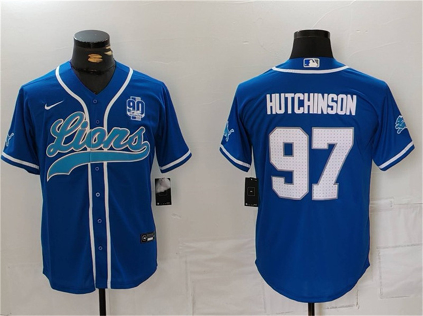 Men's Blue Detroit Lions #97 Aidan Hutchinson With 90th Anniversary Patch Cool Base Stitched Baseball Jersey